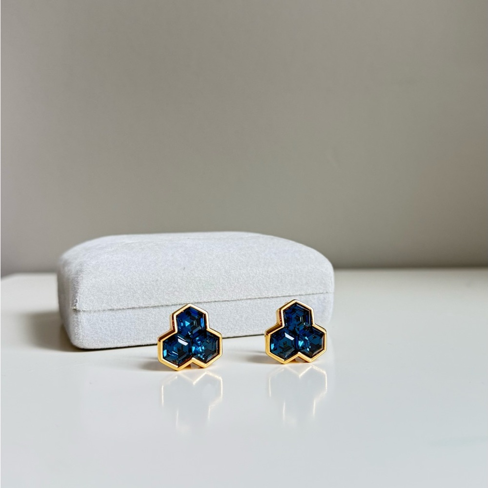 Swarovski Honeycomb Sapphire Earrings Blue Crystals S.A.L Gold Plated Vintage